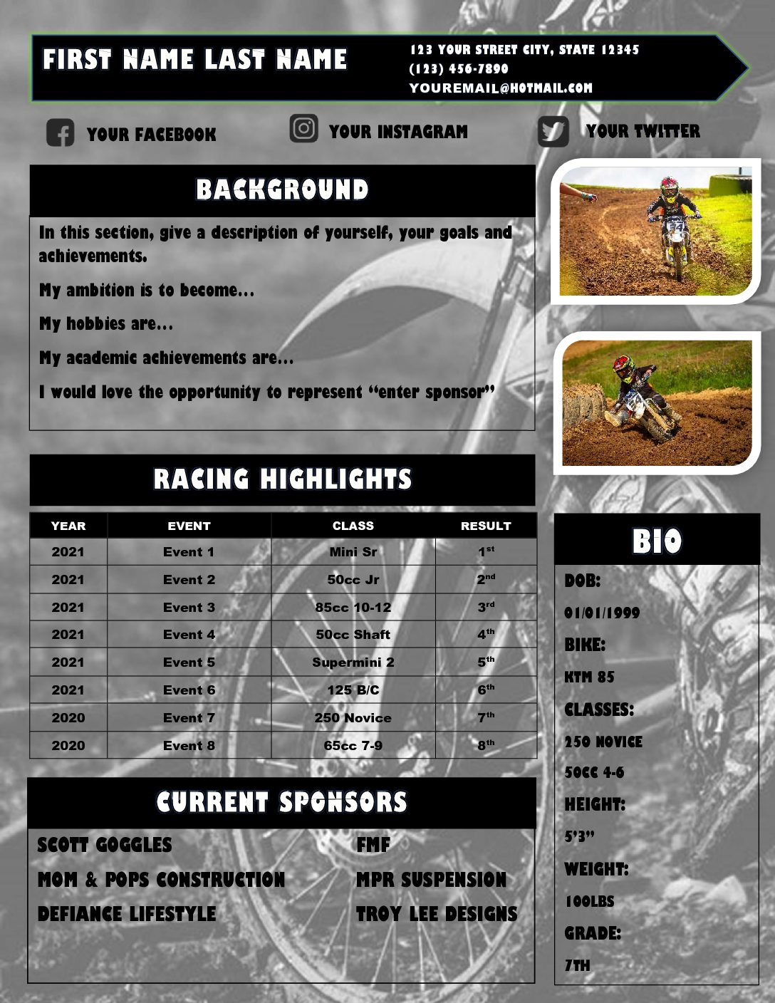 Motocross/GNCC Resume Template #6 Dirt Bike Grey